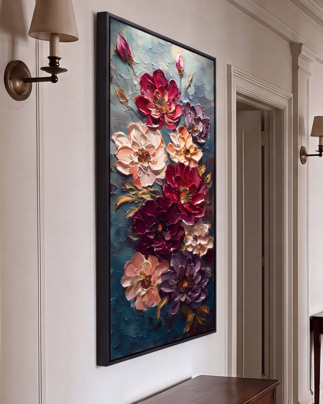 Moonlit Bouquet hand-painted floral painting displayed in a spacious open-plan living room