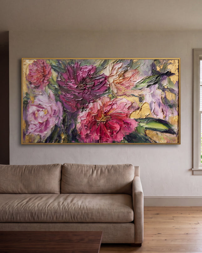 Rhapsody in Petals hand-painted floral painting displayed in a contemporary living room