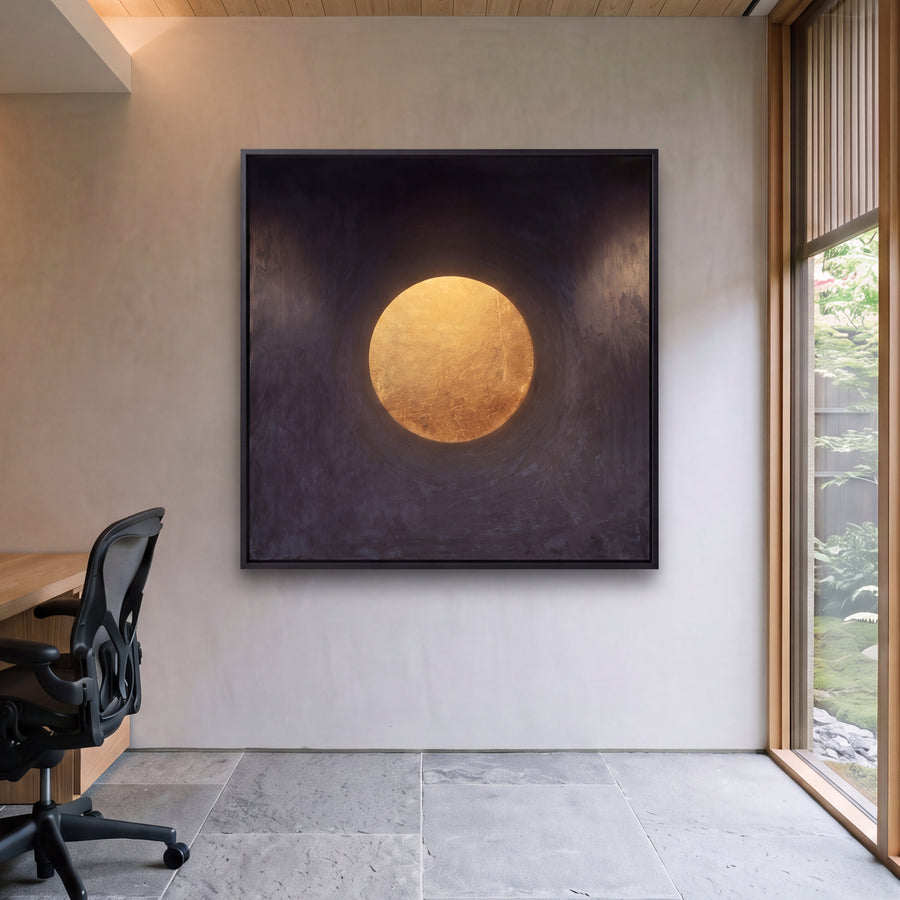 Sphere of Serenity hand-painted cityscape painting displayed in a contemporary living room