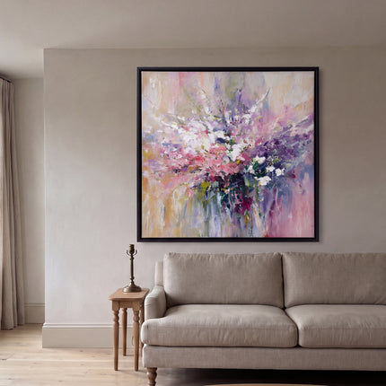 Spring Sonata hand-painted floral painting displayed in a contemporary living room
