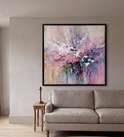 Spring Sonata hand-painted floral painting displayed in a contemporary living room