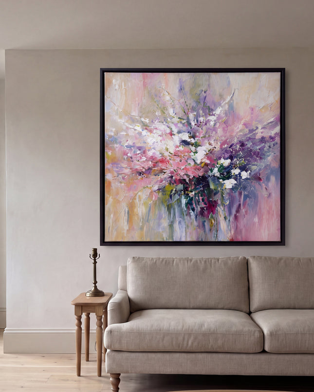 Spring Sonata hand-painted floral painting displayed in a contemporary living room