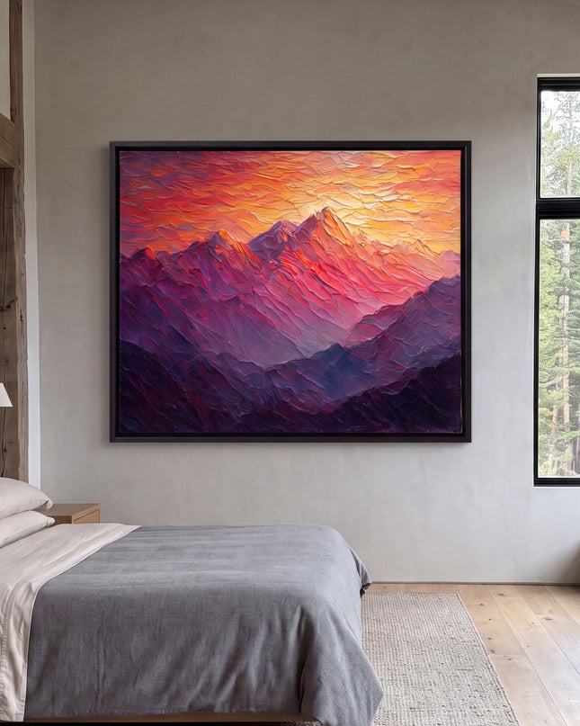 Sunset Reverie above a stone fireplace in a living room with dark brown sofas