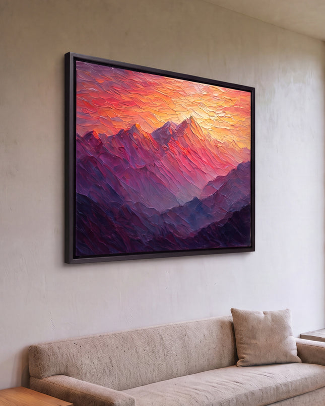 Sunset Reverie hand-painted landscape painting displayed in a serene bedroom