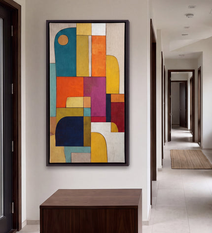 Urban Mosaic hand-painted abstract painting displayed in a spacious open-plan living room
