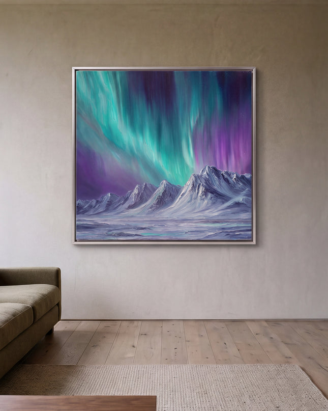 Whispers of the North hand-painted abstract painting displayed in a spacious open-plan living room