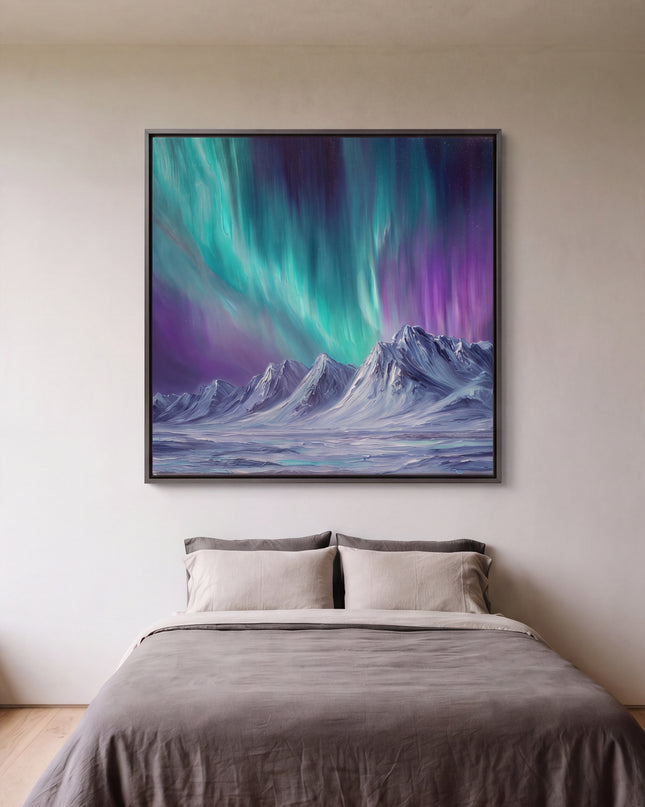 Whispers of the North hand-painted abstract painting displayed in a modern living room with warm accents