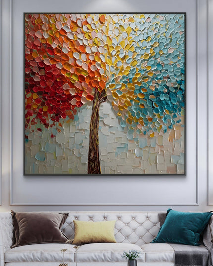 Colorful abstract tree painting on a wall above a sofa with decorative pillows.
