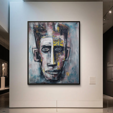 Abstract painting of a face on a wall in an art gallery
