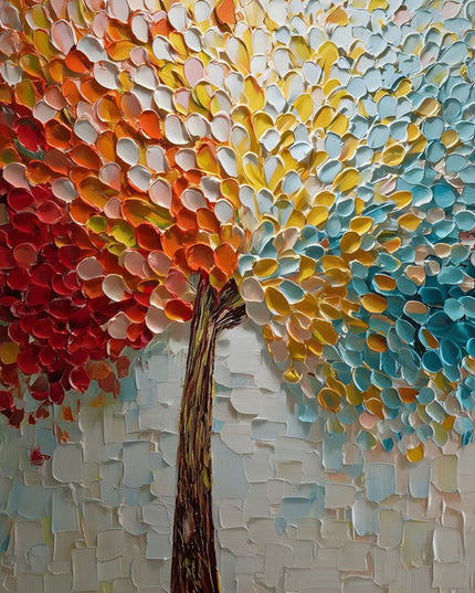 Colorful abstract painting of a tree on a white background