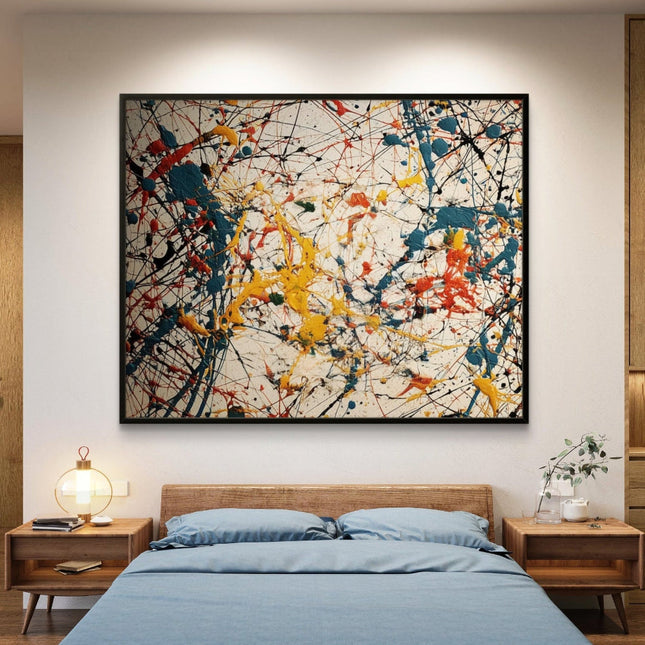 Modern bedroom with abstract painting on the wall
