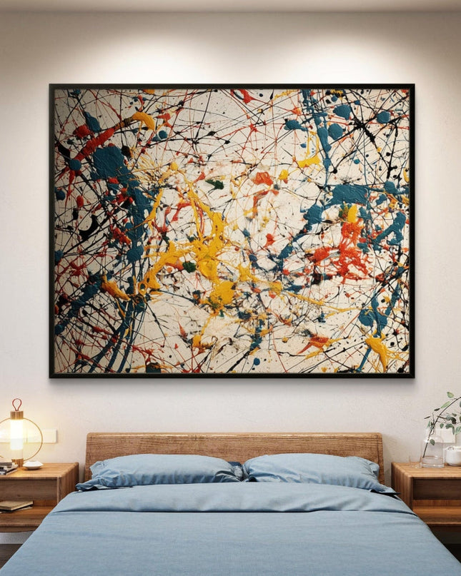 Modern bedroom with abstract painting on the wall