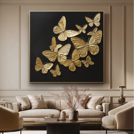 Modern living room with a large wall art piece of gold butterflies.
