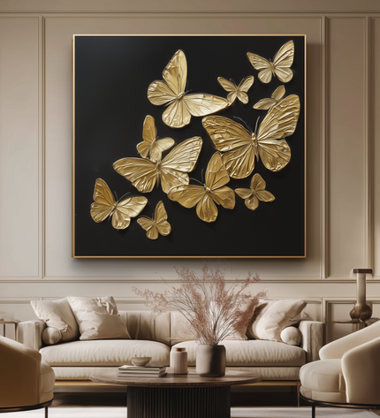 Modern living room with a large wall art piece of gold butterflies.