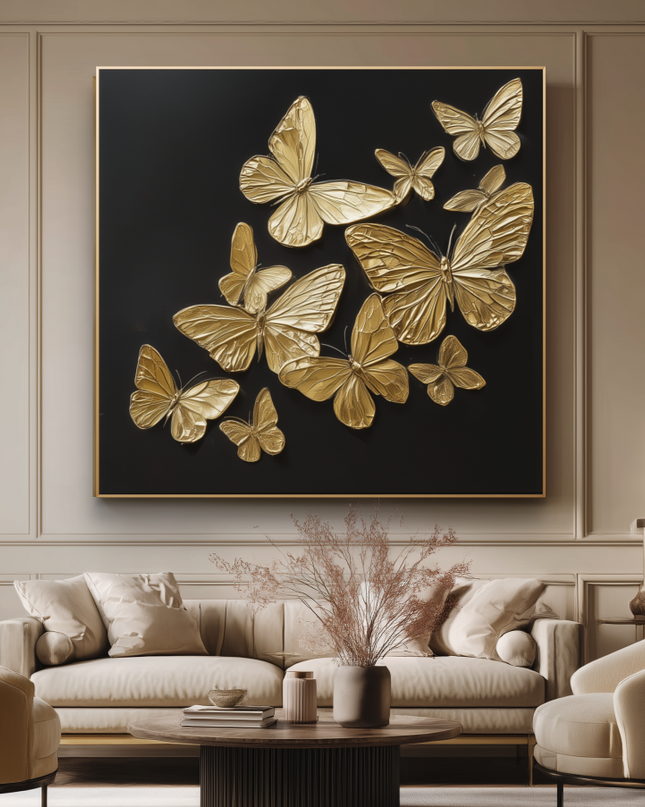 Modern living room with a large wall art piece of gold butterflies.