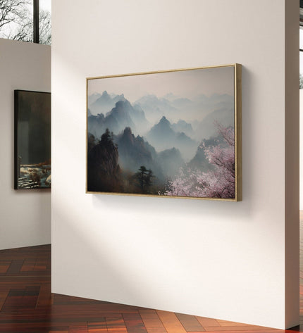 Artistic depiction of a mountain landscape with cherry blossoms in a gallery setting.