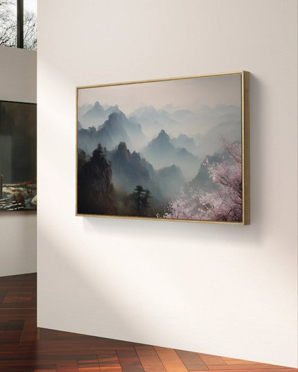 Artistic depiction of a mountain landscape with cherry blossoms in a gallery setting.