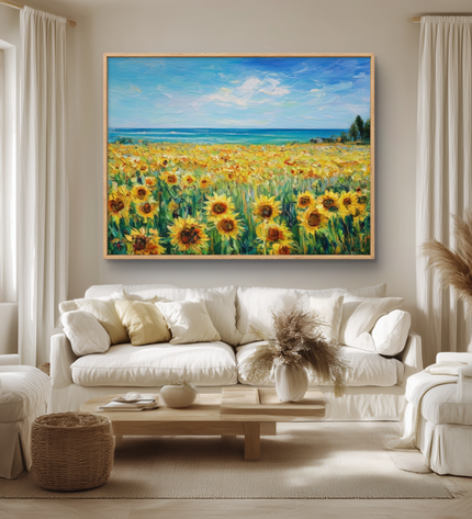 Living room with a large painting of sunflowers on the wall