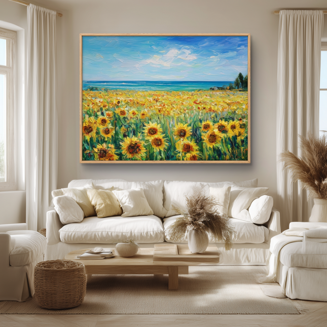 Living room with a large painting of sunflowers on the wall