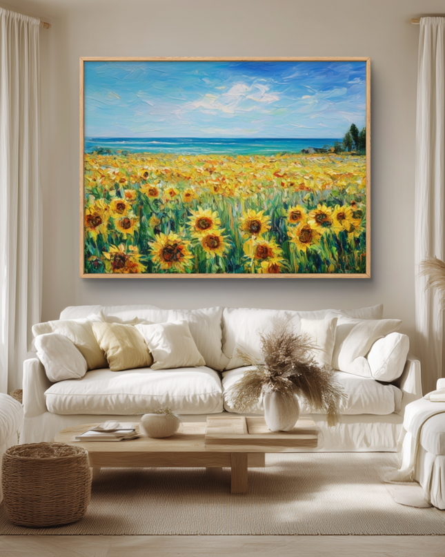 Living room with a large painting of sunflowers on the wall