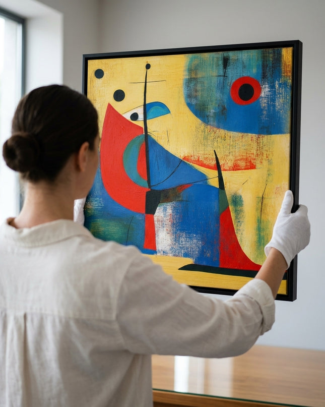 Art handler presenting Voyager’s Dreams large-format original painting