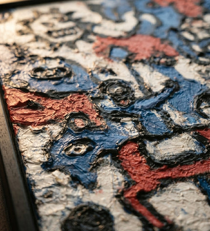 Close-up detail of Urban Totems showing textured brushwork and color detail