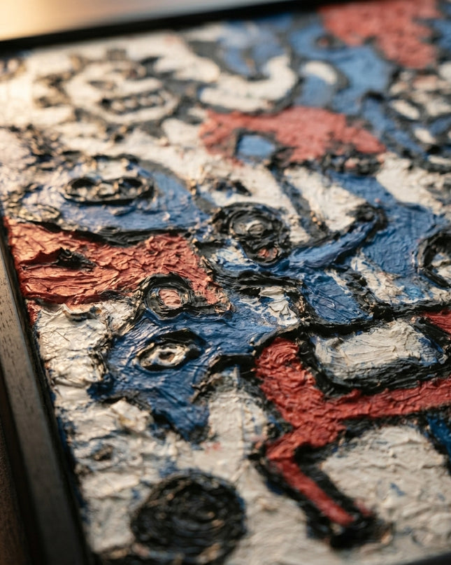 Close-up detail of Urban Totems showing textured brushwork and color detail