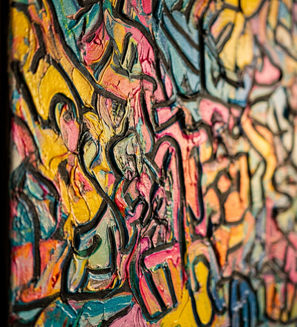 Close-up detail of Mosaic of Energy showing textured brushwork and color detail
