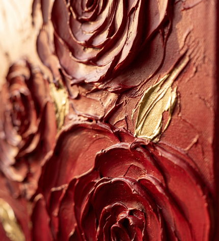 Close-up detail of Roses of Desire showing textured brushwork and color detail