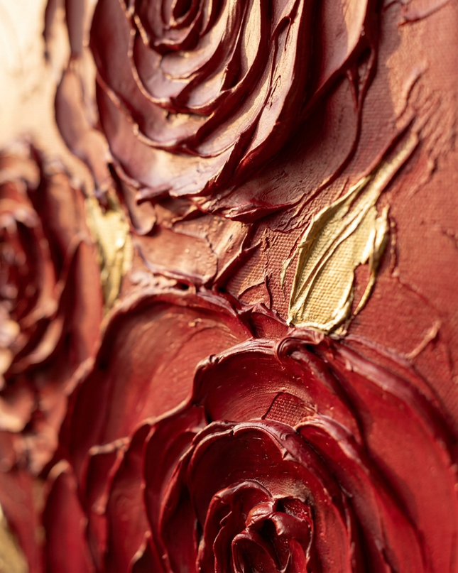 Close-up detail of Roses of Desire showing textured brushwork and color detail