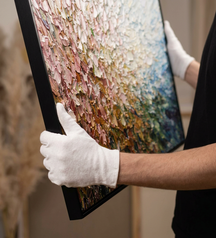 Art handler presenting Radiant Meadow large-format original painting