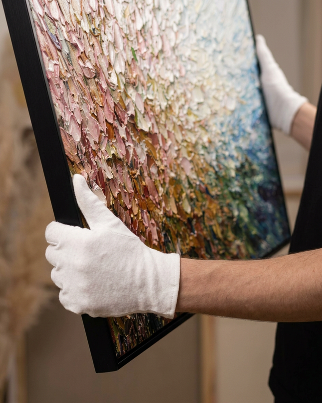 Art handler presenting Radiant Meadow large-format original painting