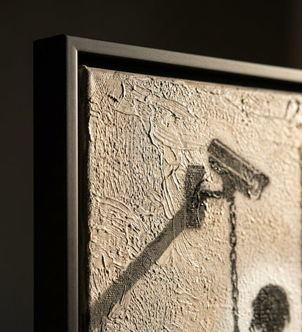 Close-up detail of Surveillance Playground showing textured brushwork and color detail