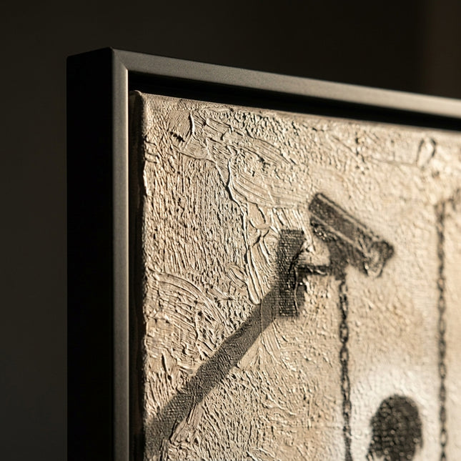 Close-up detail of Surveillance Playground showing textured brushwork and color detail