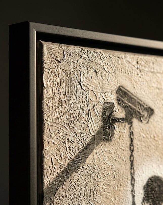 Close-up detail of Surveillance Playground showing textured brushwork and color detail