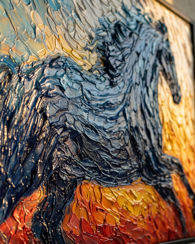 Close-up detail of Morning Rider showing textured brushwork and color detail