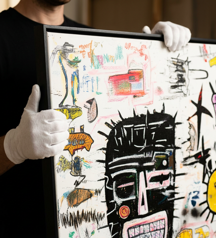 Art handler presenting Tribal Pop large-format original painting