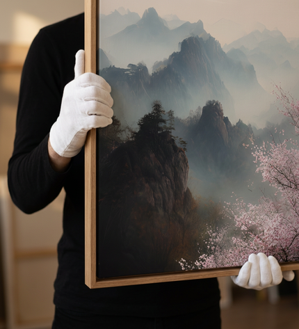 Art handler presenting Mist Over Mountains large-format original painting