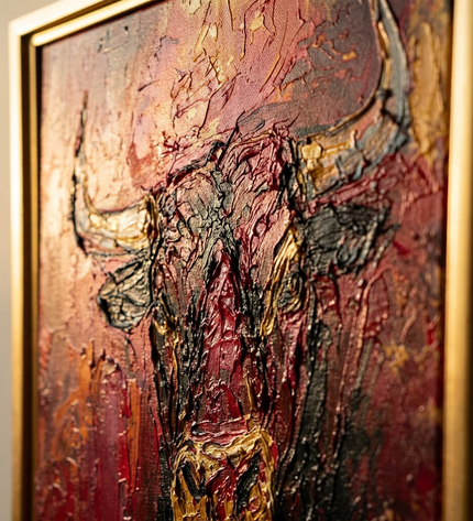 Close-up detail of Bull of Fortune showing textured brushwork and color detail