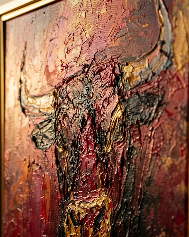 Close-up detail of Bull of Fortune showing textured brushwork and color detail