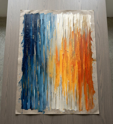 Andromeda Blaze hand-painted original as unrolled canvas on studio table, shown without frame