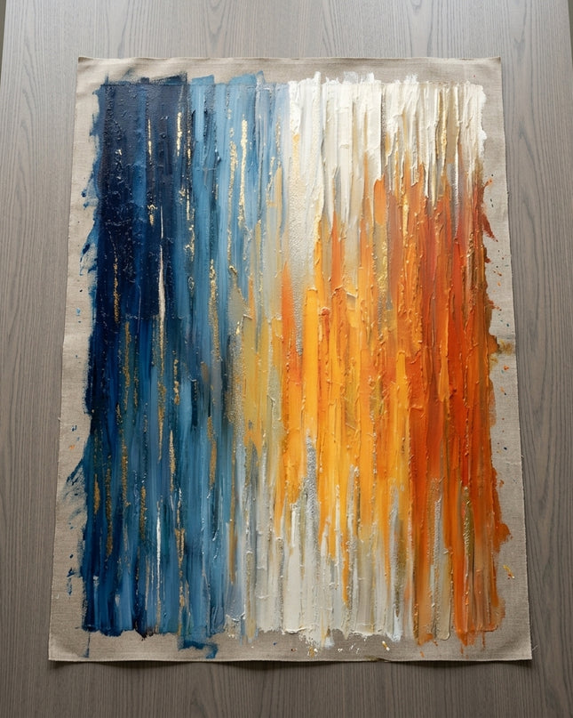 Andromeda Blaze hand-painted original as unrolled canvas on studio table, shown without frame