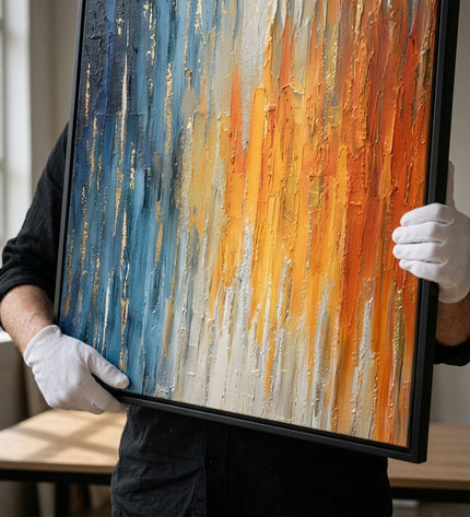 Andromeda Blaze original oil painting held by a gallerist with white cotton gloves, impasto amber blue close-up