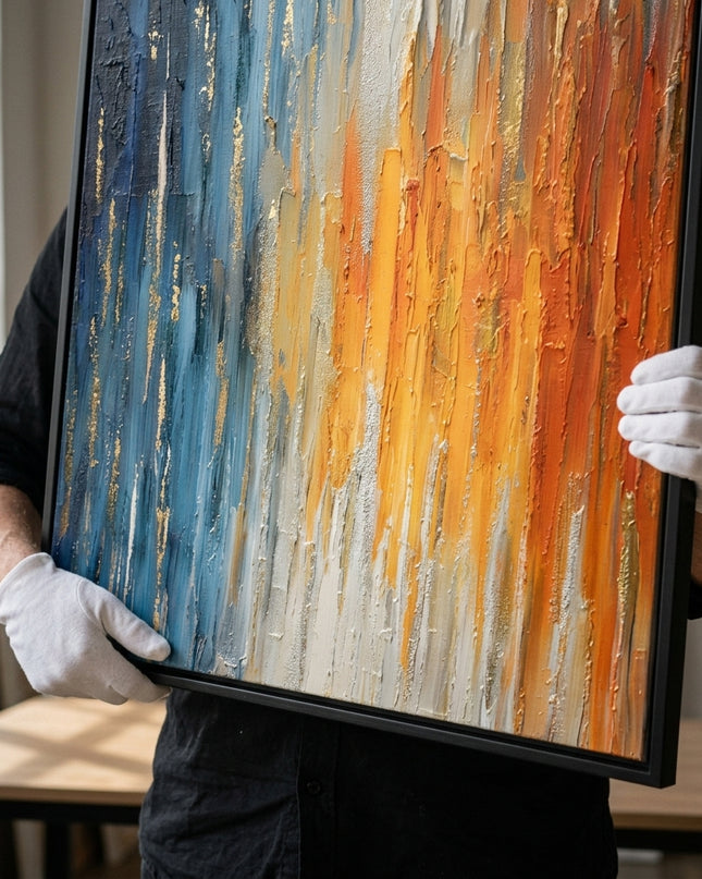 Andromeda Blaze original oil painting held by a gallerist with white cotton gloves, impasto amber blue close-up