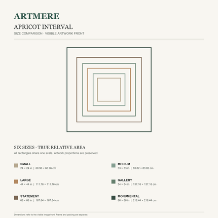 Apricot Interval — six square sizes in centimeters and inches