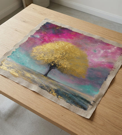 Aurora's Tree hand-painted original as unrolled canvas on studio table, shown without frame