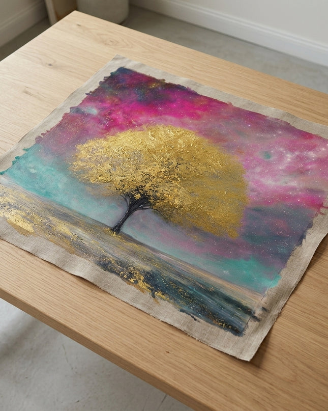 Aurora's Tree hand-painted original as unrolled canvas on studio table, shown without frame