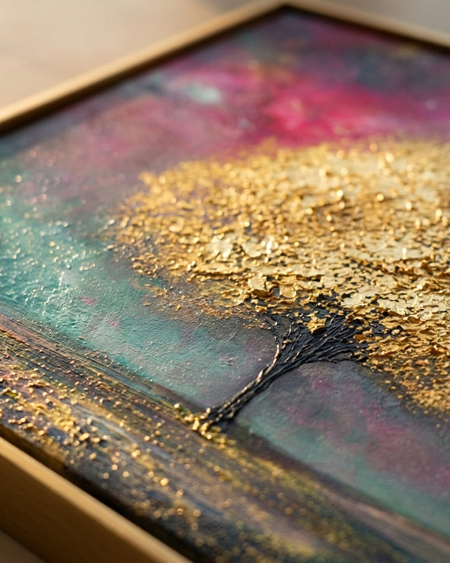 Close-up detail of Aurora's Tree showing textured gold leaf impasto brushstrokes