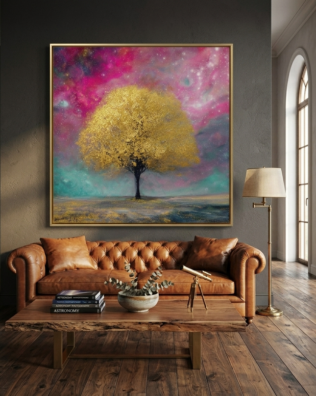 Aurora's Tree original painting displayed in a grand collector's living room