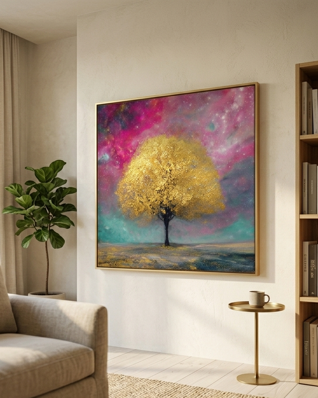 Side view of Aurora's Tree framed canvas showing depth and texture